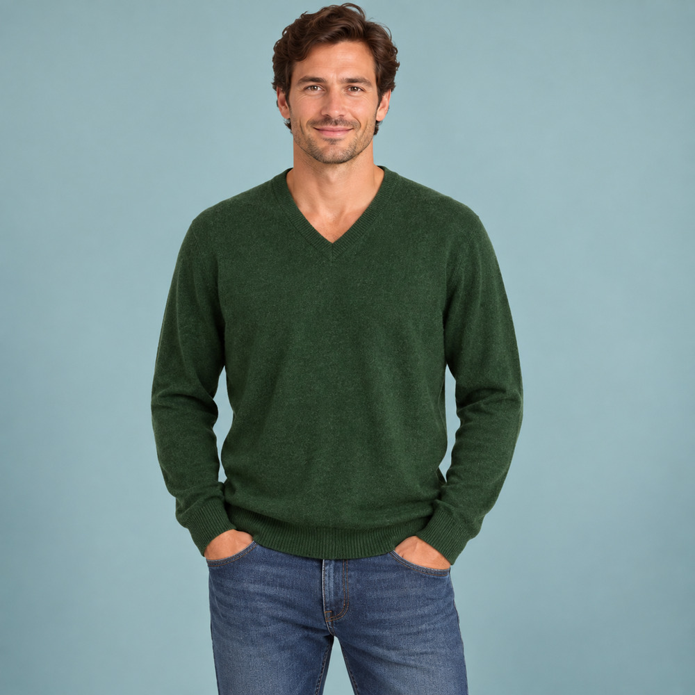 Black Brown 1826 Large L Green Solid V-Neck 100% Cashmere Long Sleeve Sweater